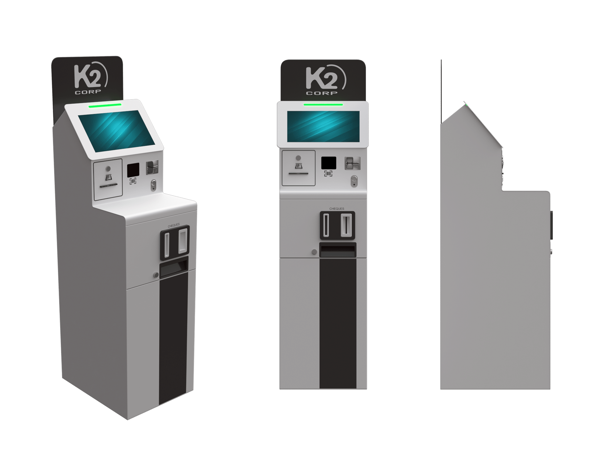 Deux bornes libre-service avec écrans tactiles et emplacements de paiement, arborant le logo « K2 Corp » sur le dessus. Elles sont toutes deux équipées de lecteurs de cartes et d'un compartiment inférieur.